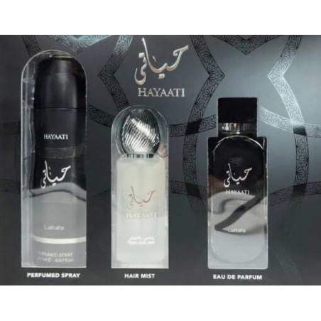 LATTAFA KIT HAYAATI EDP 100ML + BODY SPRAY 200ML + HAIR MIST 50 ML -MASCULINO-ARABE